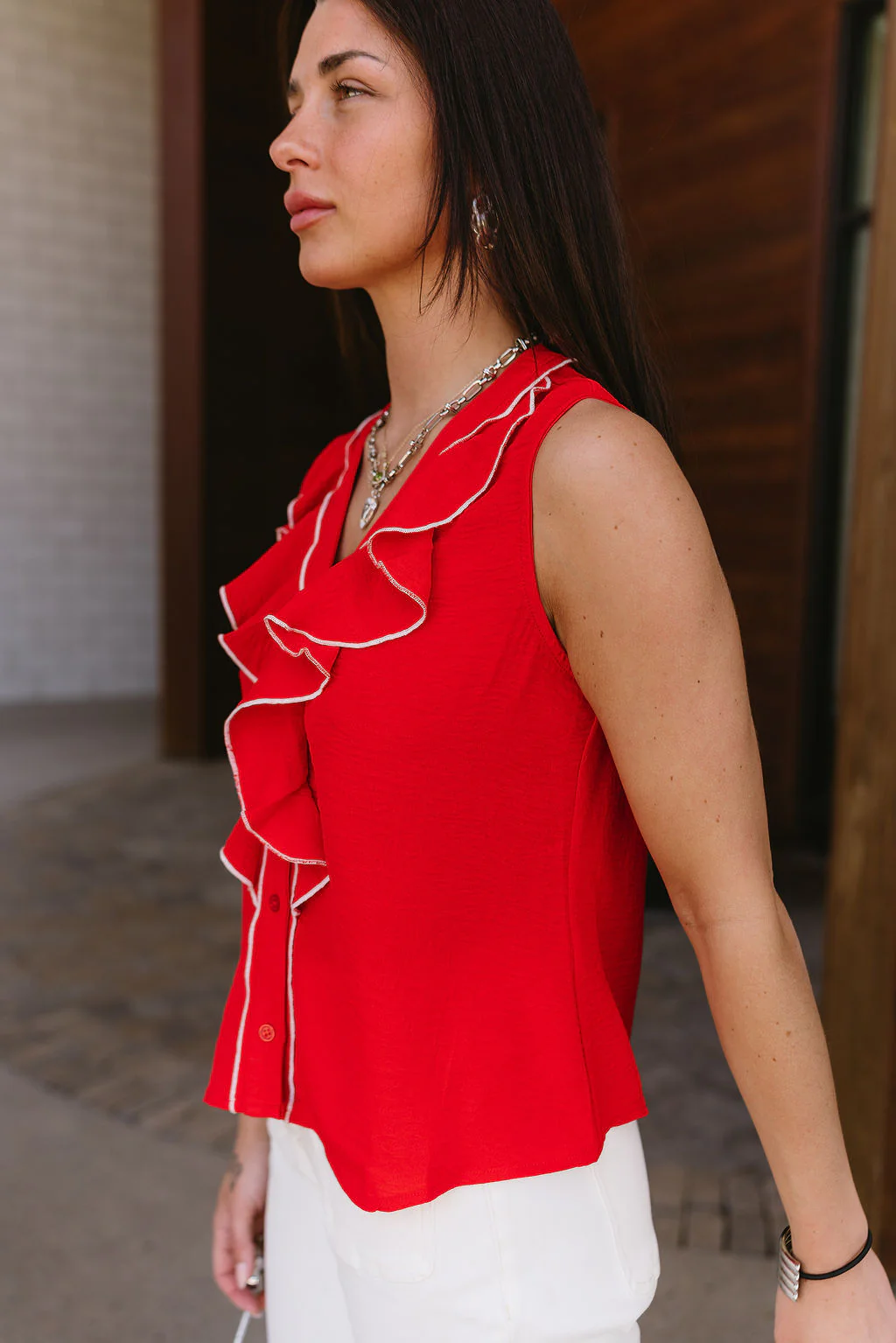 Josie Red & White Ruffle Tank - Image 2
