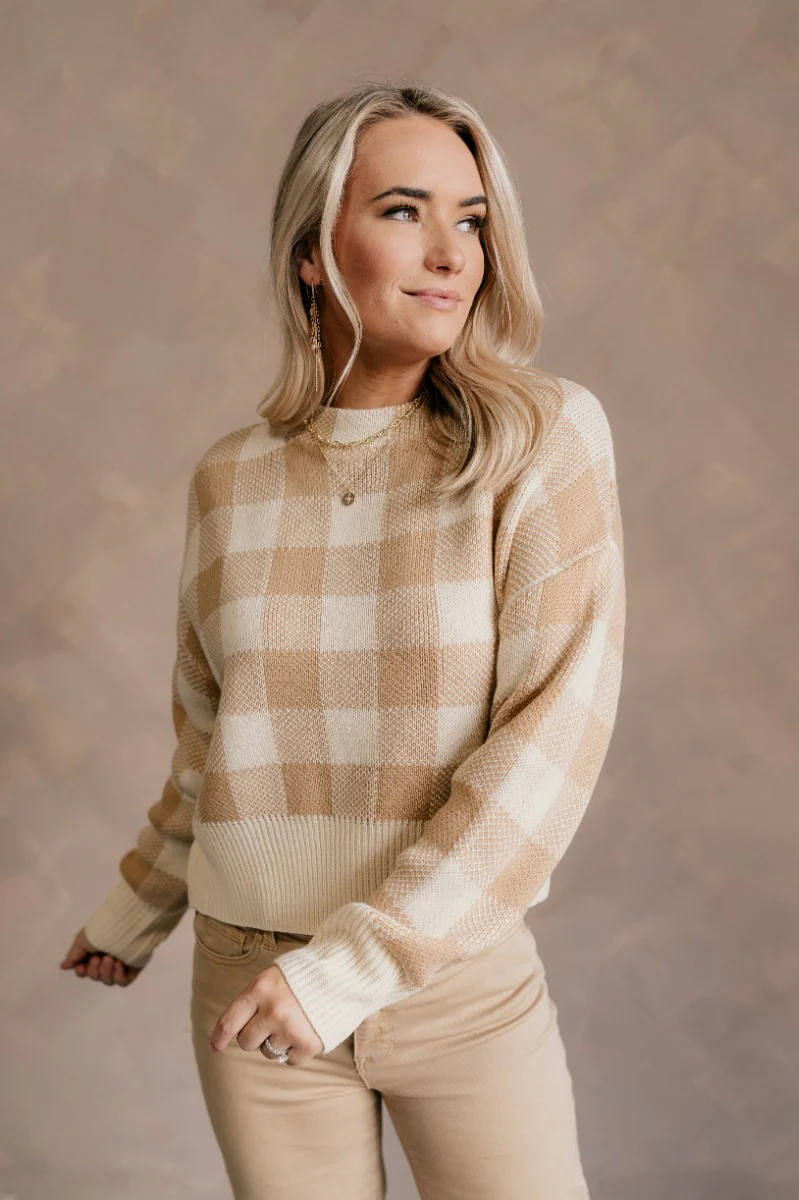 Journee Tan Checkered Sweater - Image 2