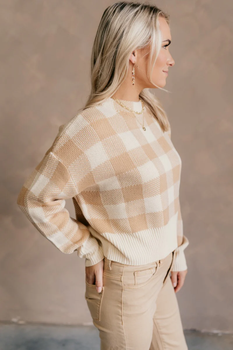 Journee Tan Checkered Sweater - Image 3