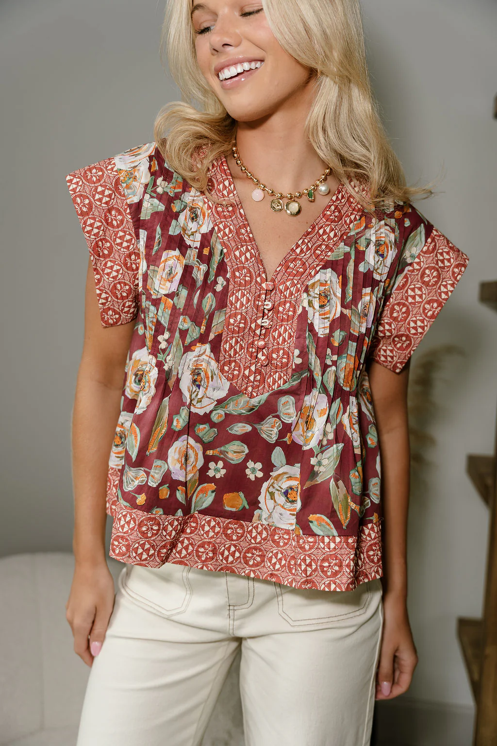 Julia Burgundy Floral Short Sleeve Top - Image 4