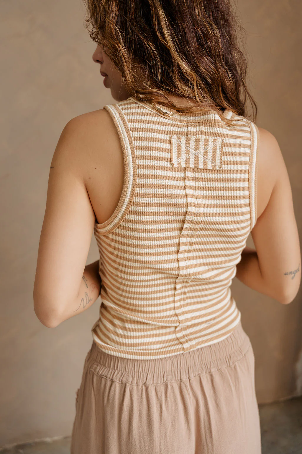 Julia Taupe & White Stripe Waffle Knit Henley Tank - Image 4