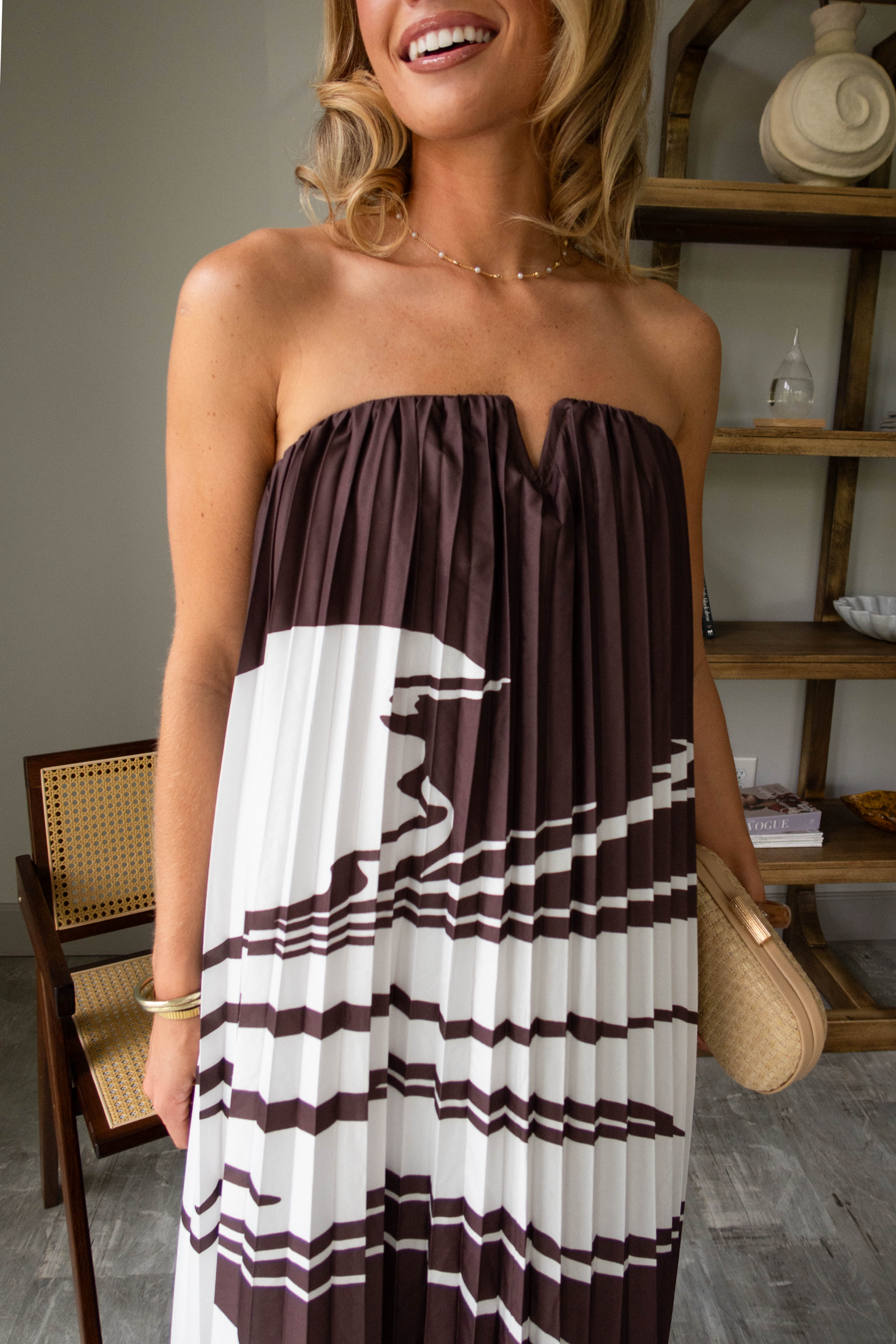 Juliana Brown & White Pleated Midi Dress - Image 3