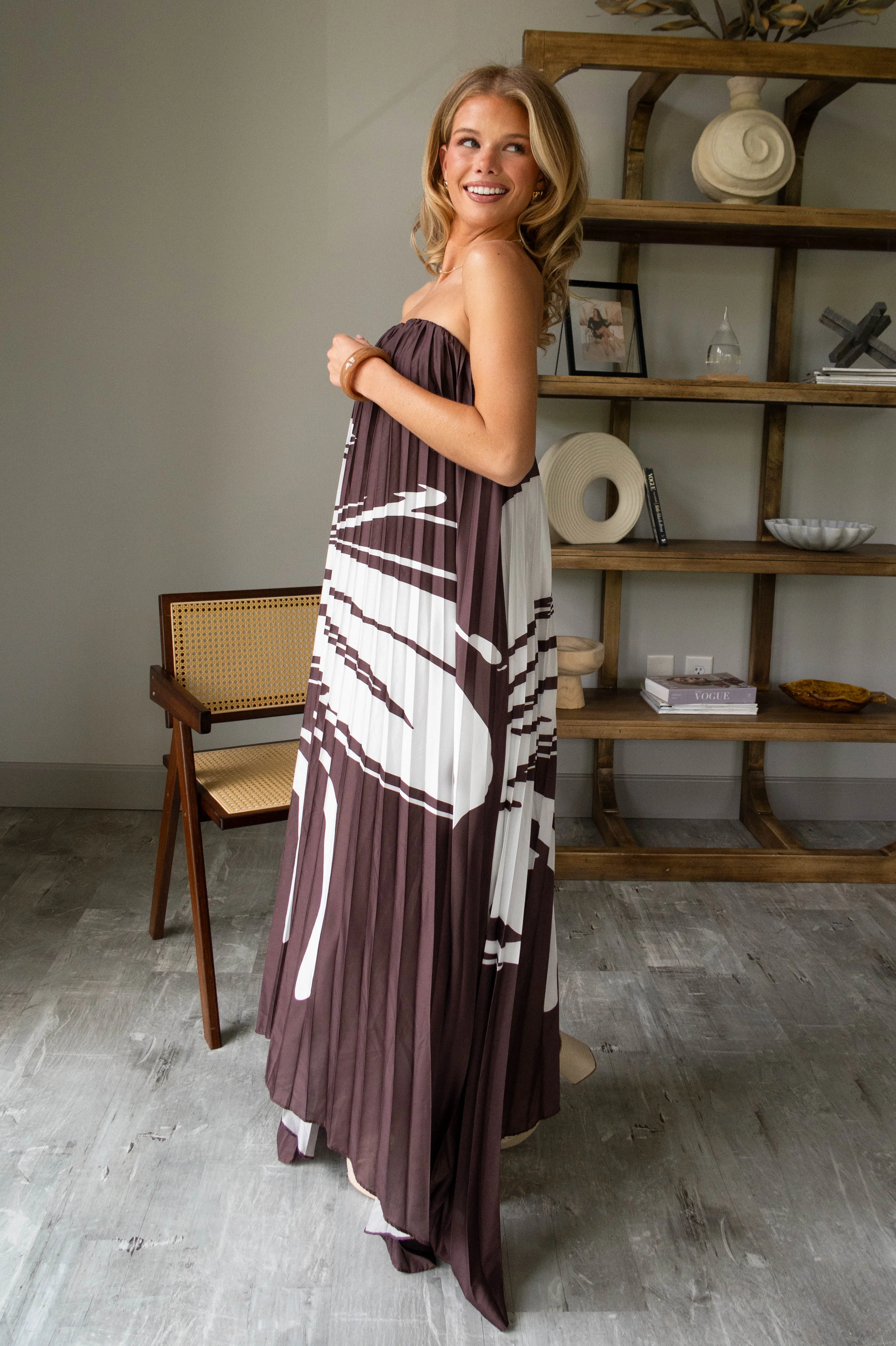 Juliana Brown & White Pleated Midi Dress - Image 6