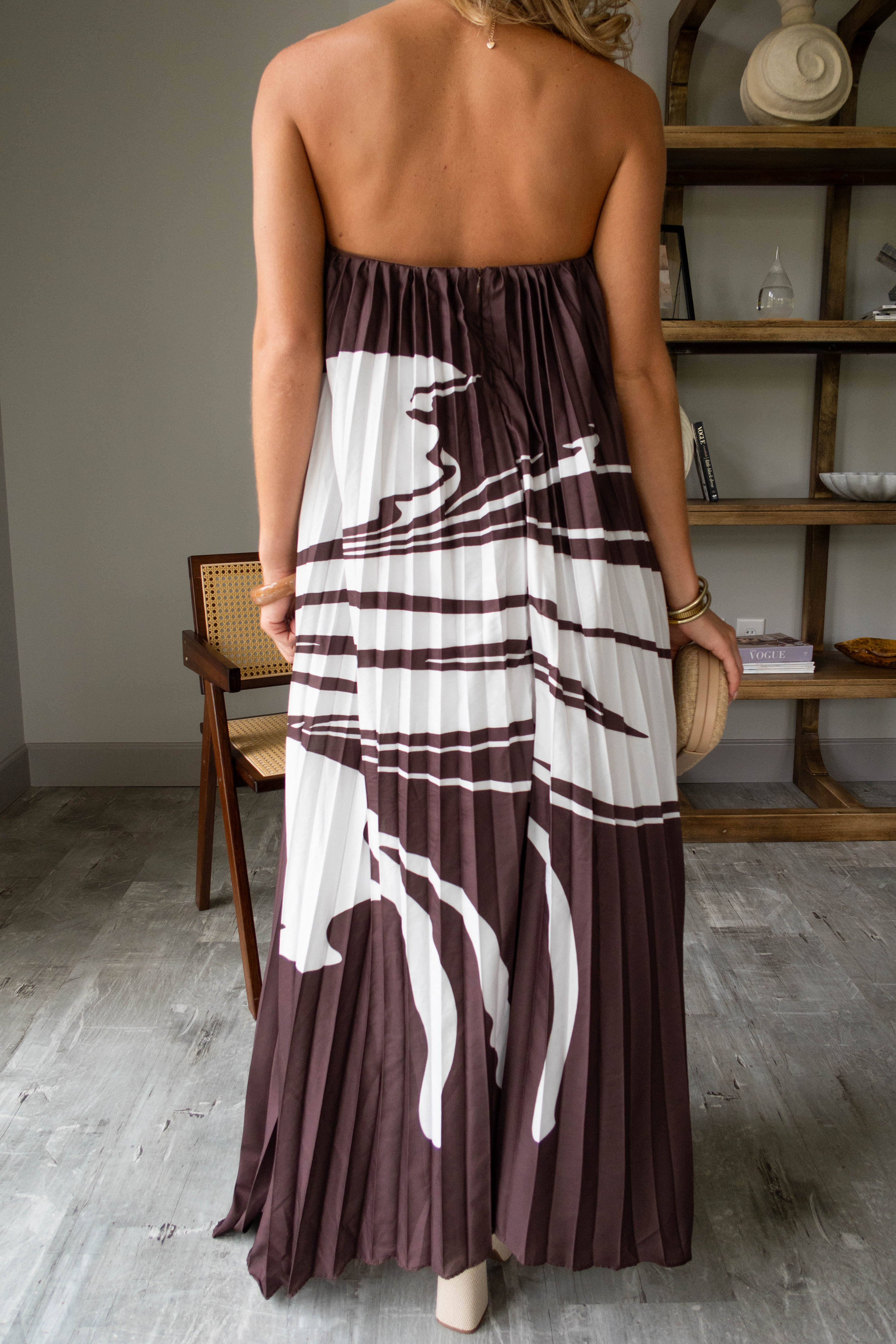 Juliana Brown & White Pleated Midi Dress - Image 7