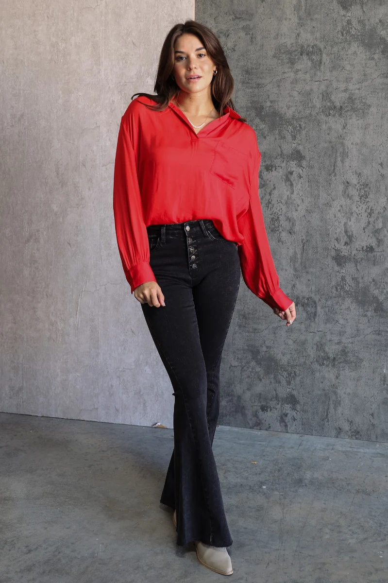 Julianna Red Satin Long Sleeve Top