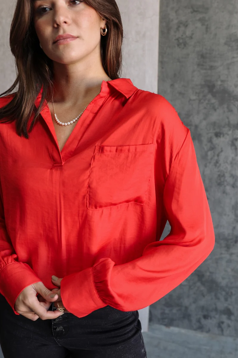 Julianna Red Satin Long Sleeve Top - Image 2