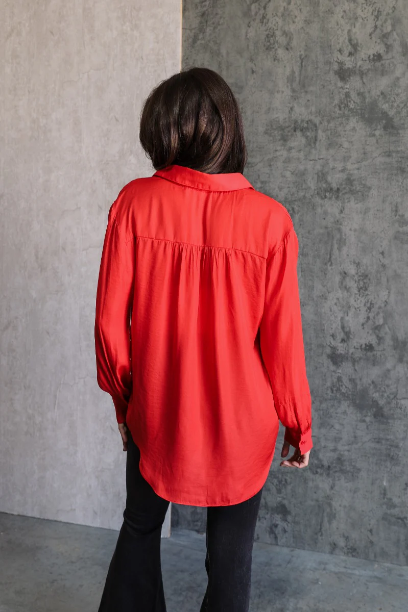 Julianna Red Satin Long Sleeve Top - Image 3