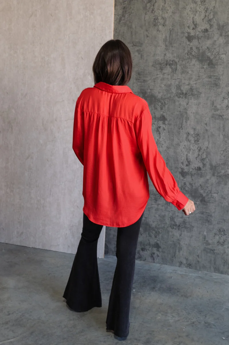 Julianna Red Satin Long Sleeve Top - Image 4