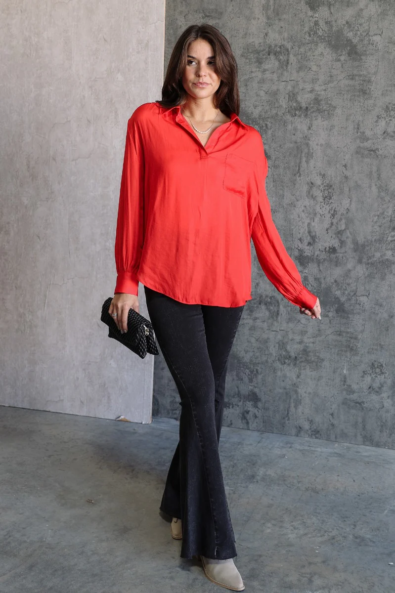 Julianna Red Satin Long Sleeve Top - Image 6