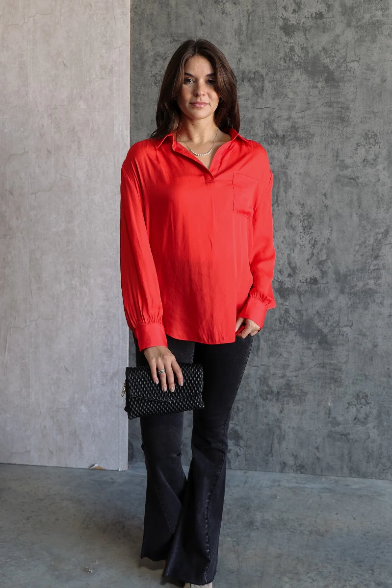 Julianna Red Satin Long Sleeve Top - Image 7