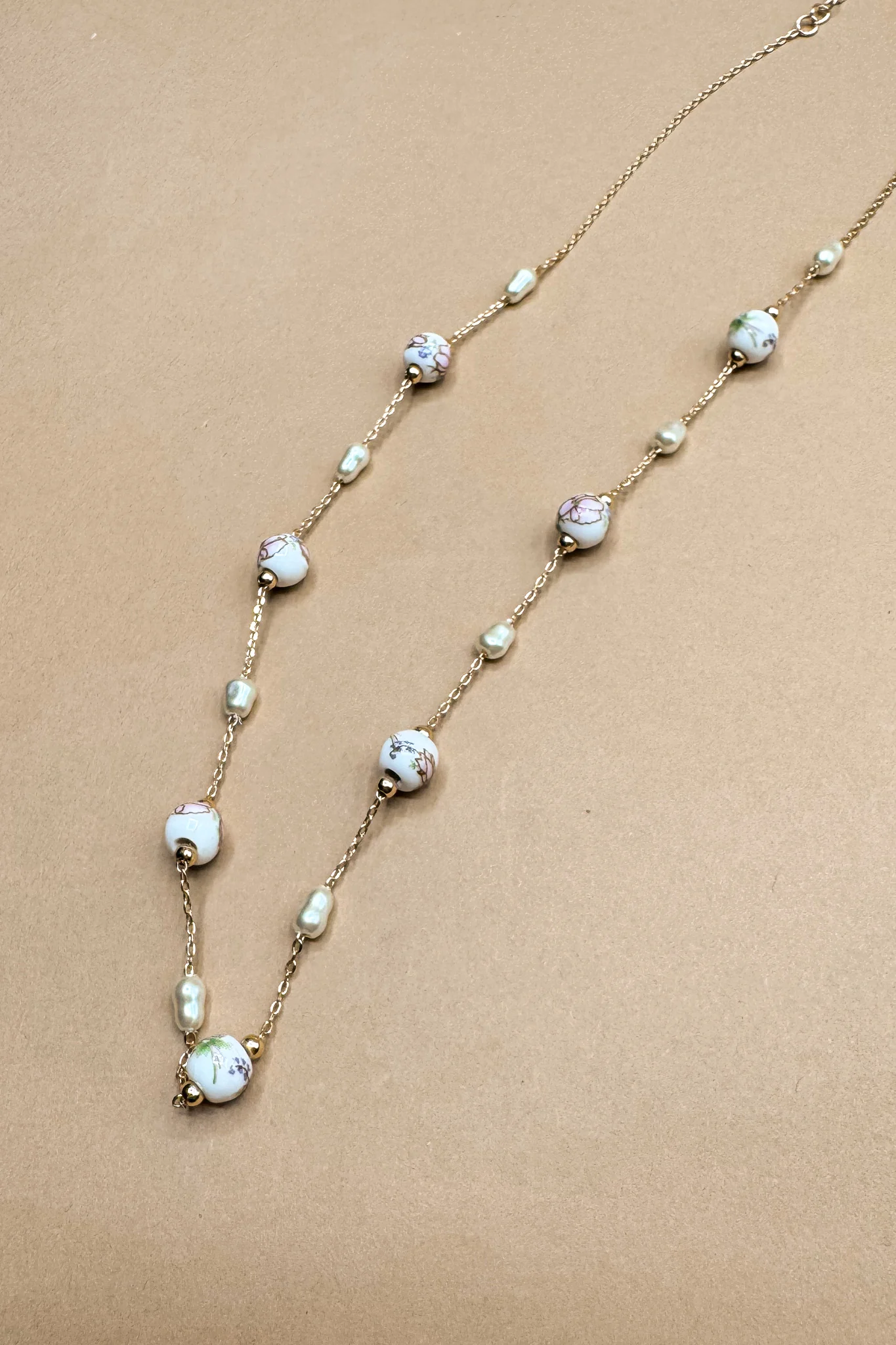 Julie White & Pink Floral Beads Chain Link Necklace