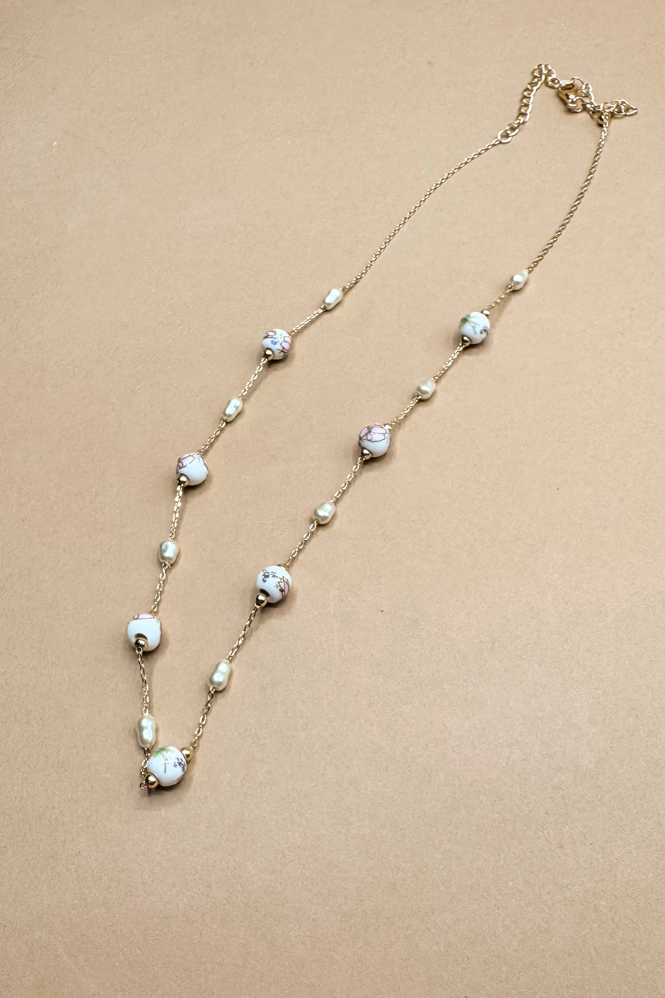 Julie White & Pink Floral Beads Chain Link Necklace - Image 2