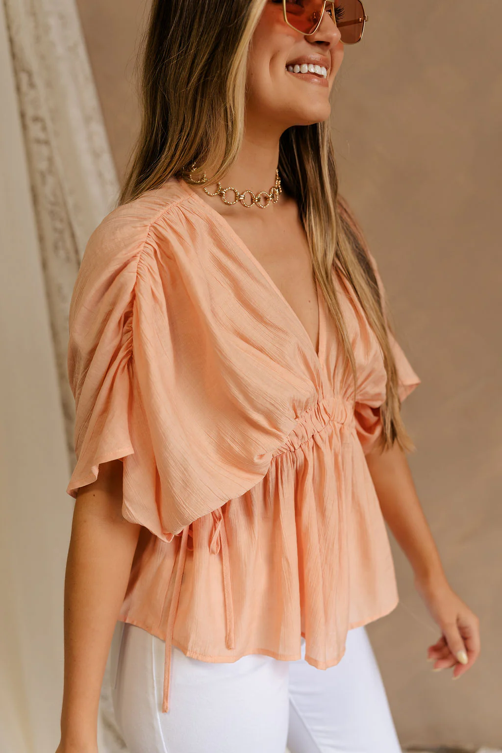 Juliet Peach Ruched Short Sleeve Top - Image 2