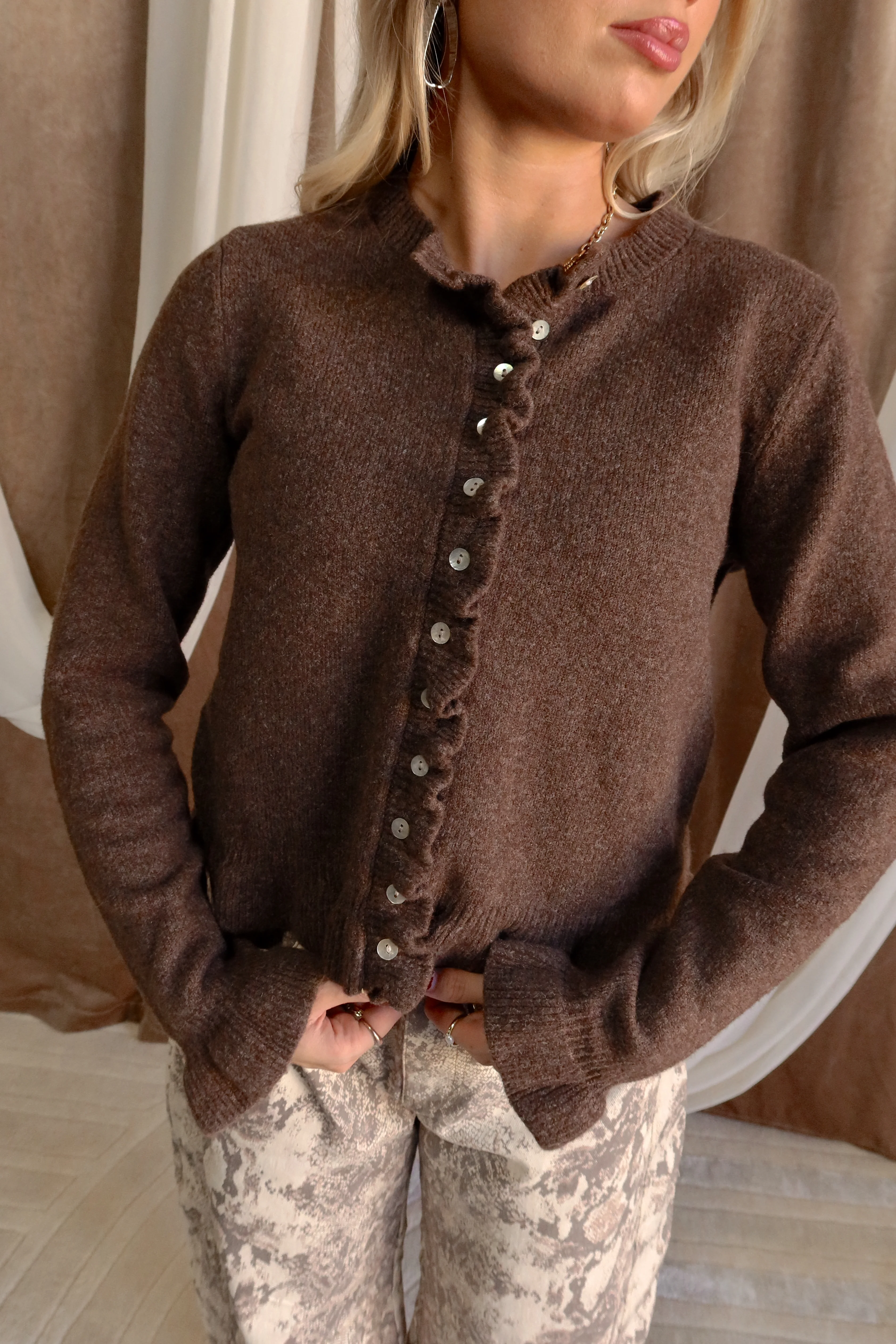 Julietta Brown Knit Ruffle Cardigan - Image 2