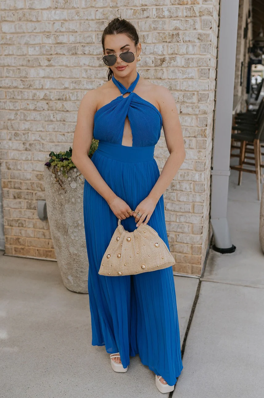 Juliette Blue Halter Tie Pleated Jumpsuit