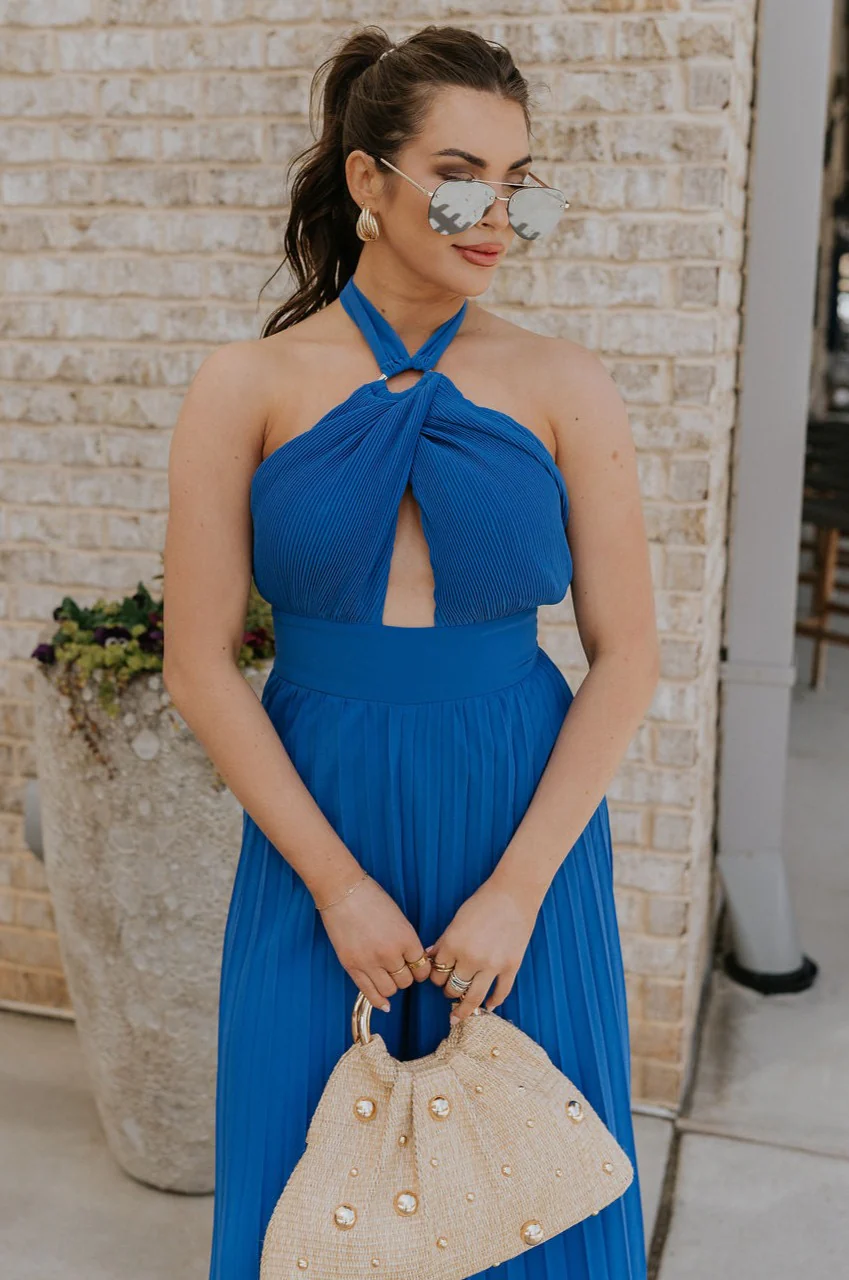 Juliette Blue Halter Tie Pleated Jumpsuit - Image 2