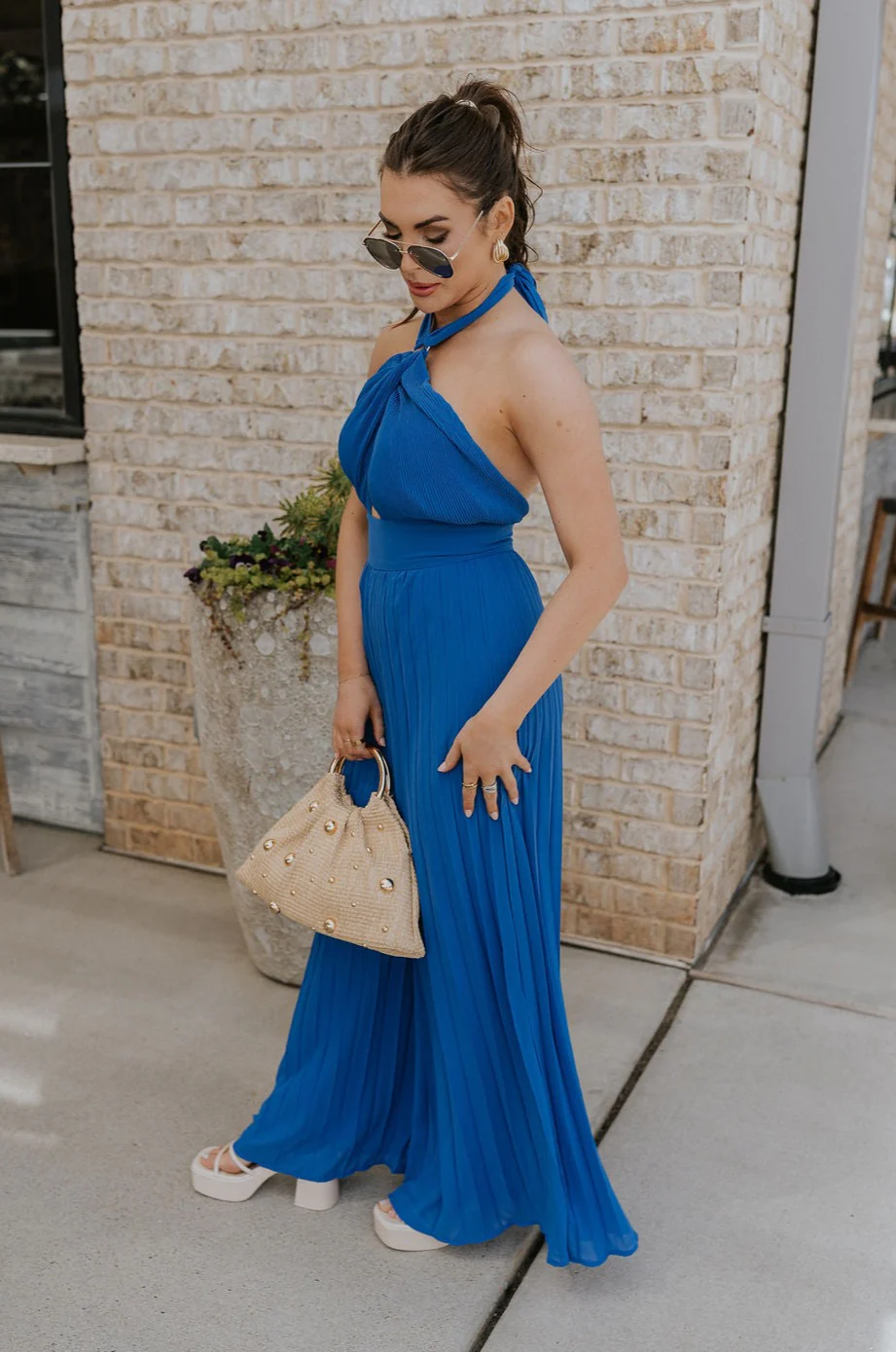 Juliette Blue Halter Tie Pleated Jumpsuit - Image 3