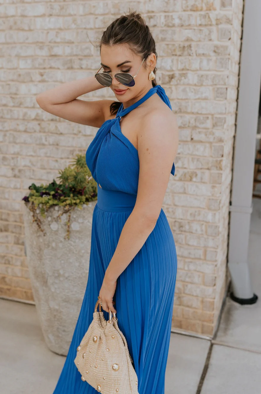 Juliette Blue Halter Tie Pleated Jumpsuit - Image 6