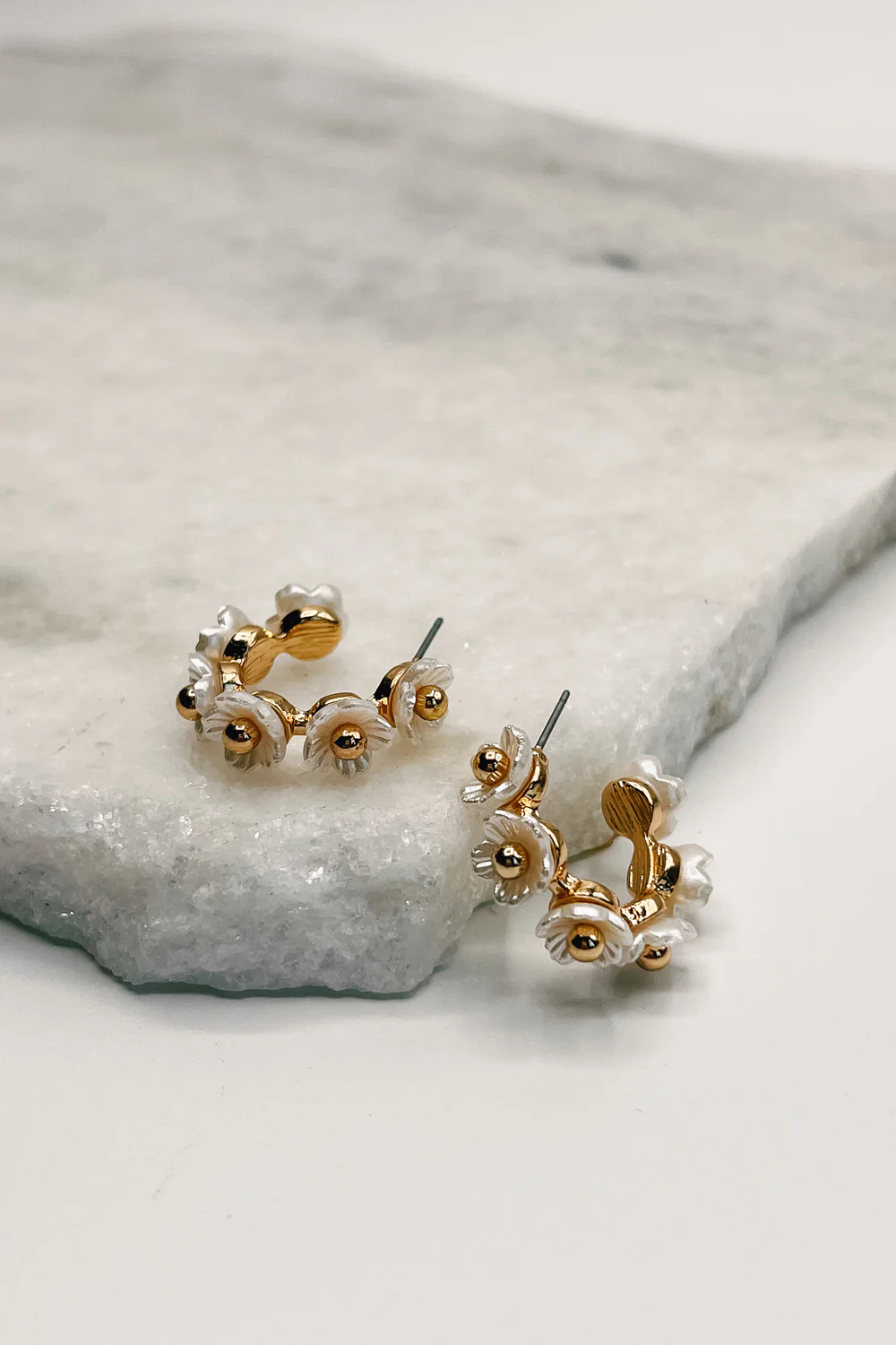 Juliette Gold and White Flower Hoops