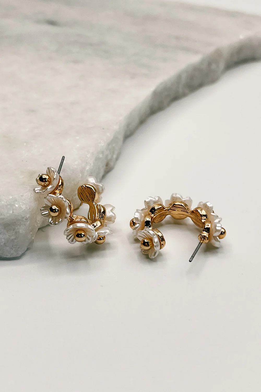 Juliette Gold and White Flower Hoops - Image 2