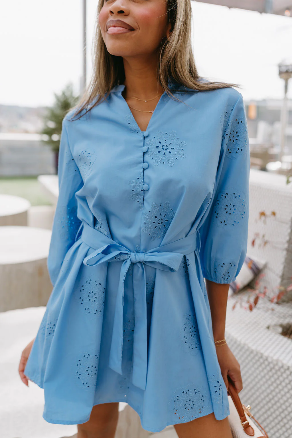 Juliette Slate Blue Eyelet Mini Dress