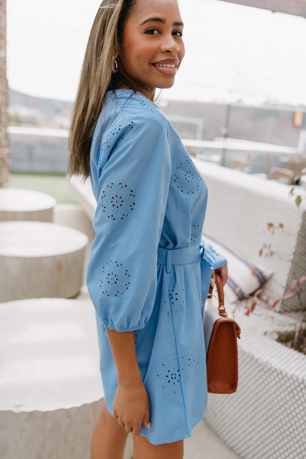 Juliette Slate Blue Eyelet Mini Dress - Image 3