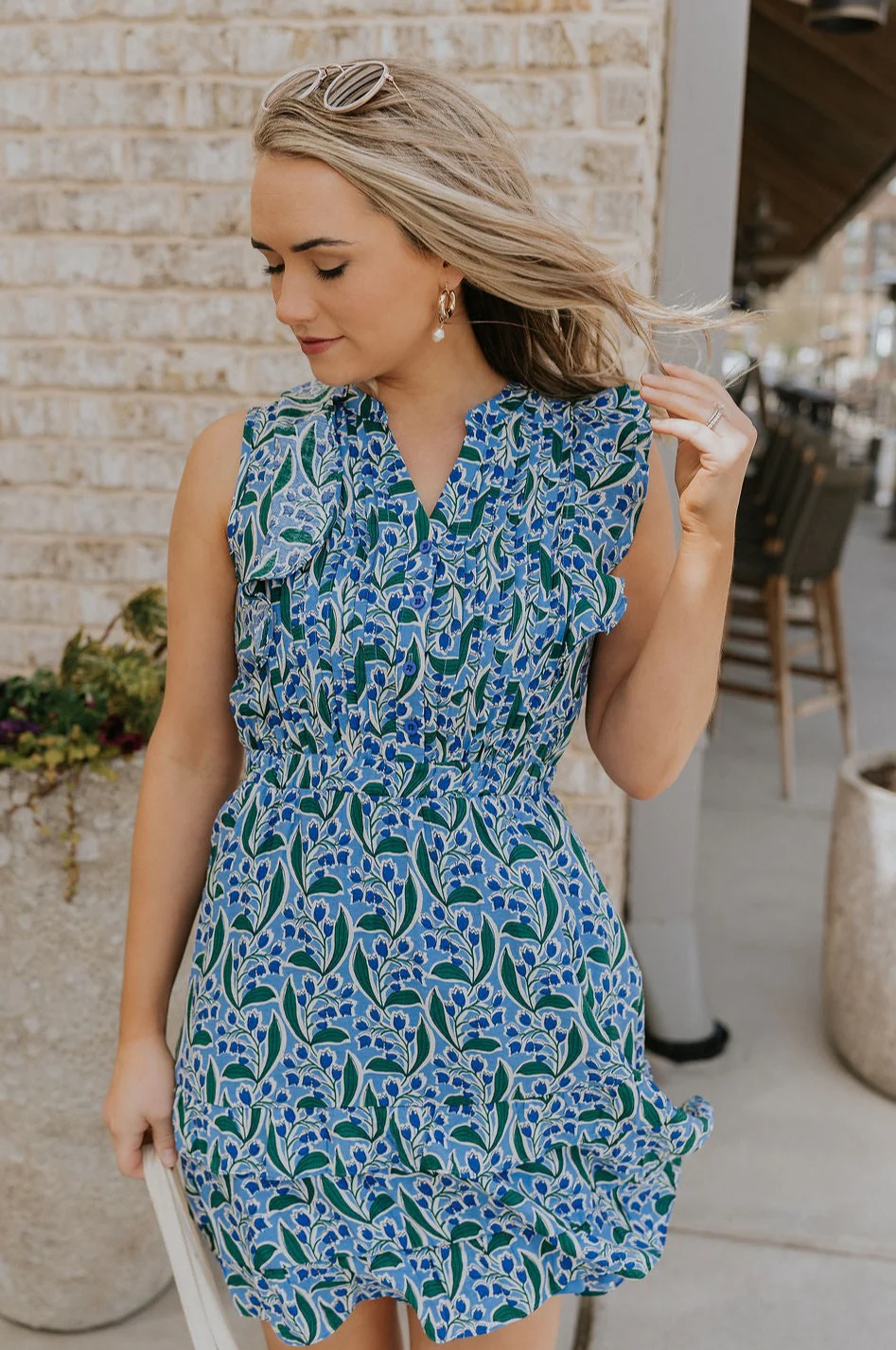 June Blue & Green Floral Ruffle Mini Dress