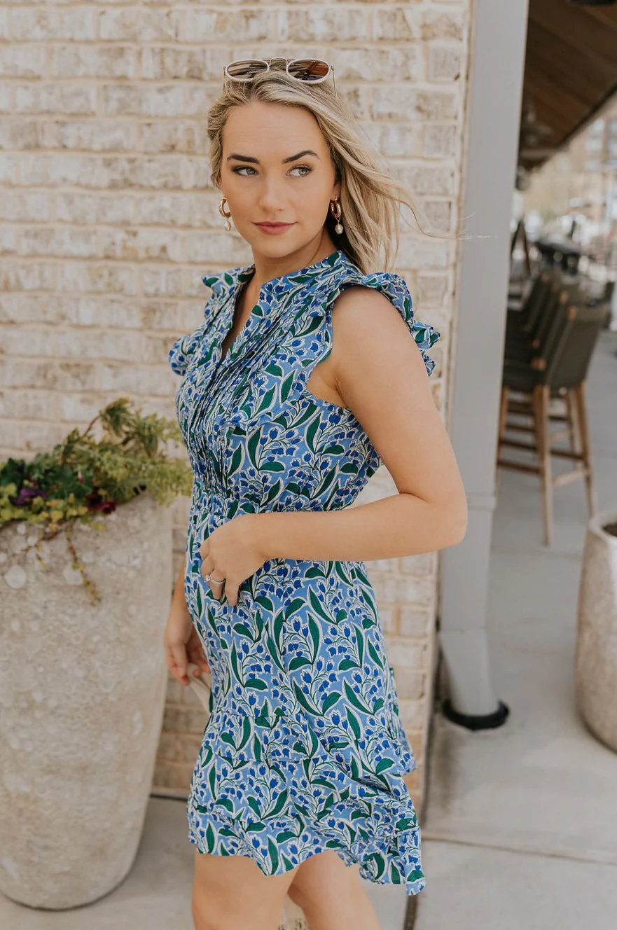 June Blue & Green Floral Ruffle Mini Dress - Image 4