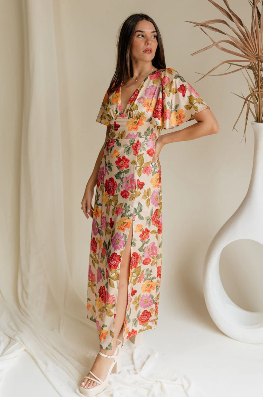 Kai Multi Floral & Taupe Satin Midi Dress