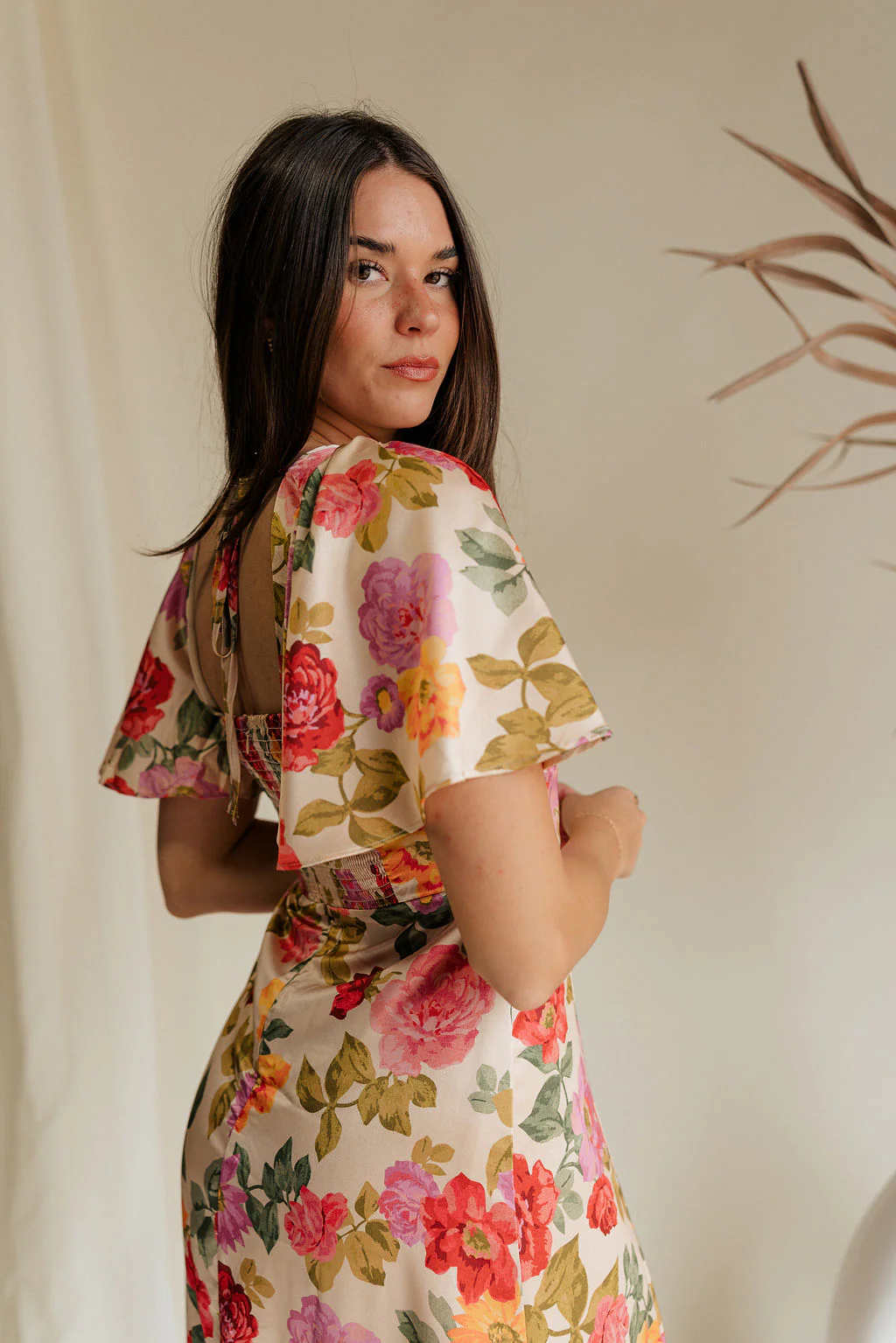 Kai Multi Floral & Taupe Satin Midi Dress - Image 10