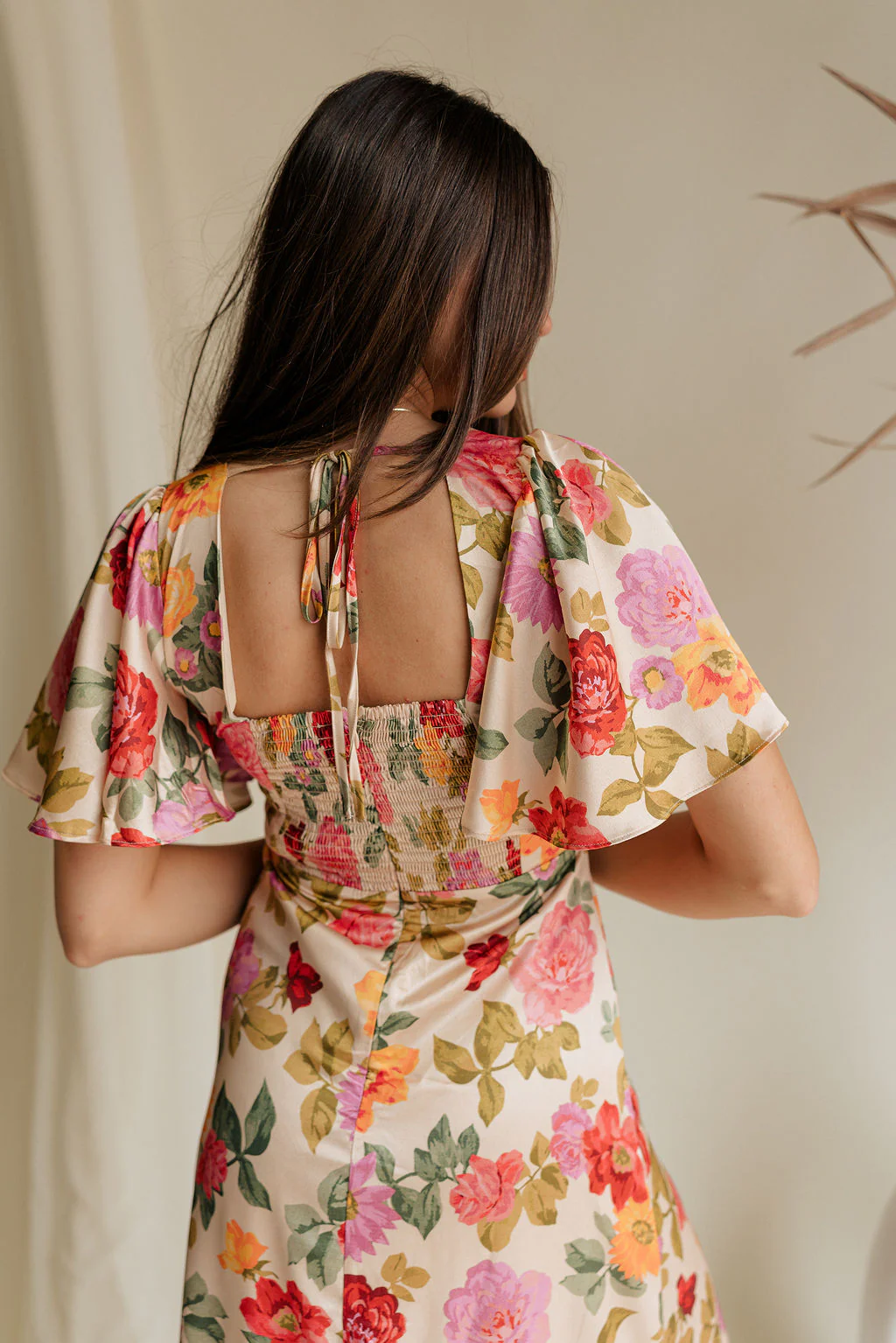 Kai Multi Floral & Taupe Satin Midi Dress - Image 11