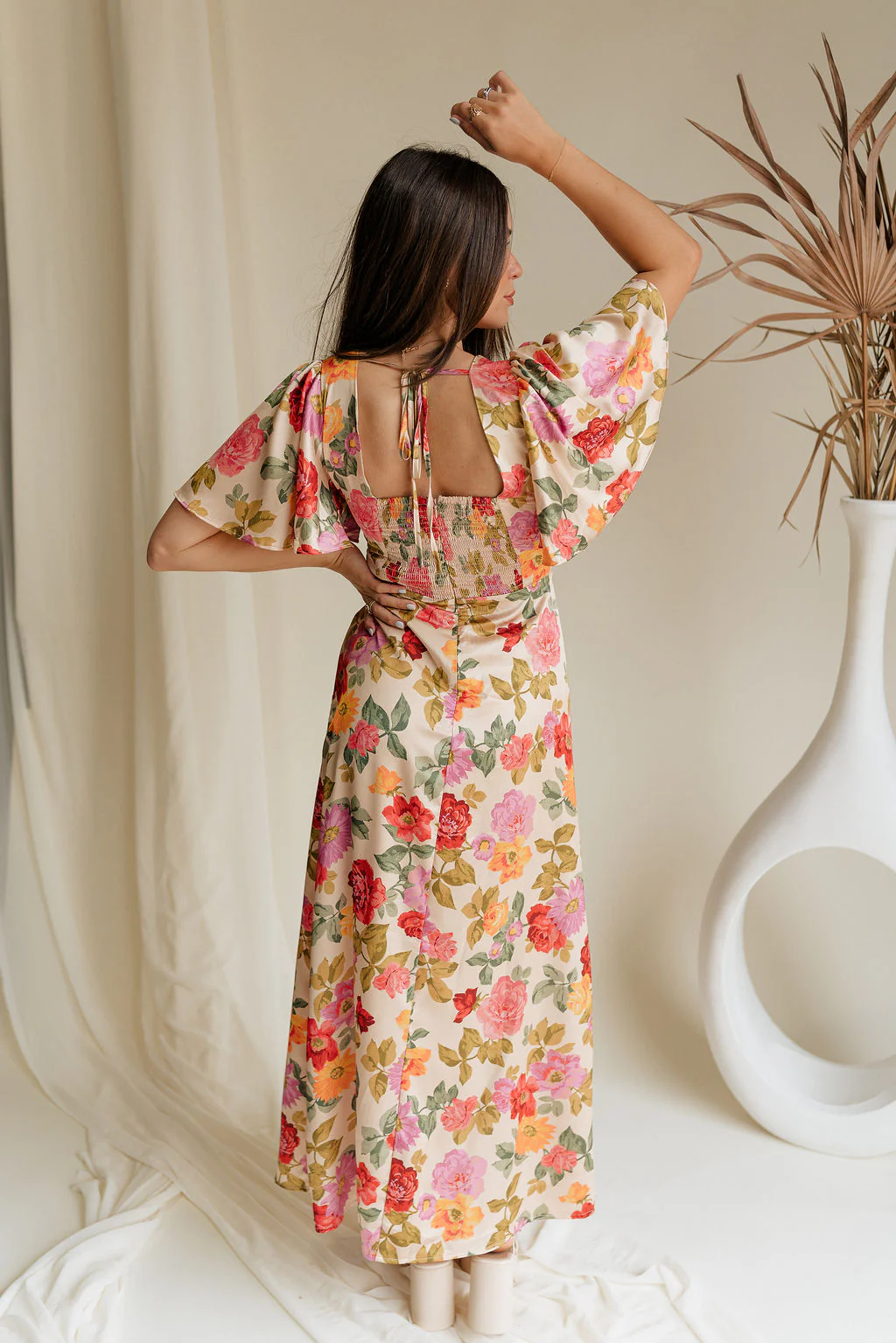 Kai Multi Floral & Taupe Satin Midi Dress - Image 12