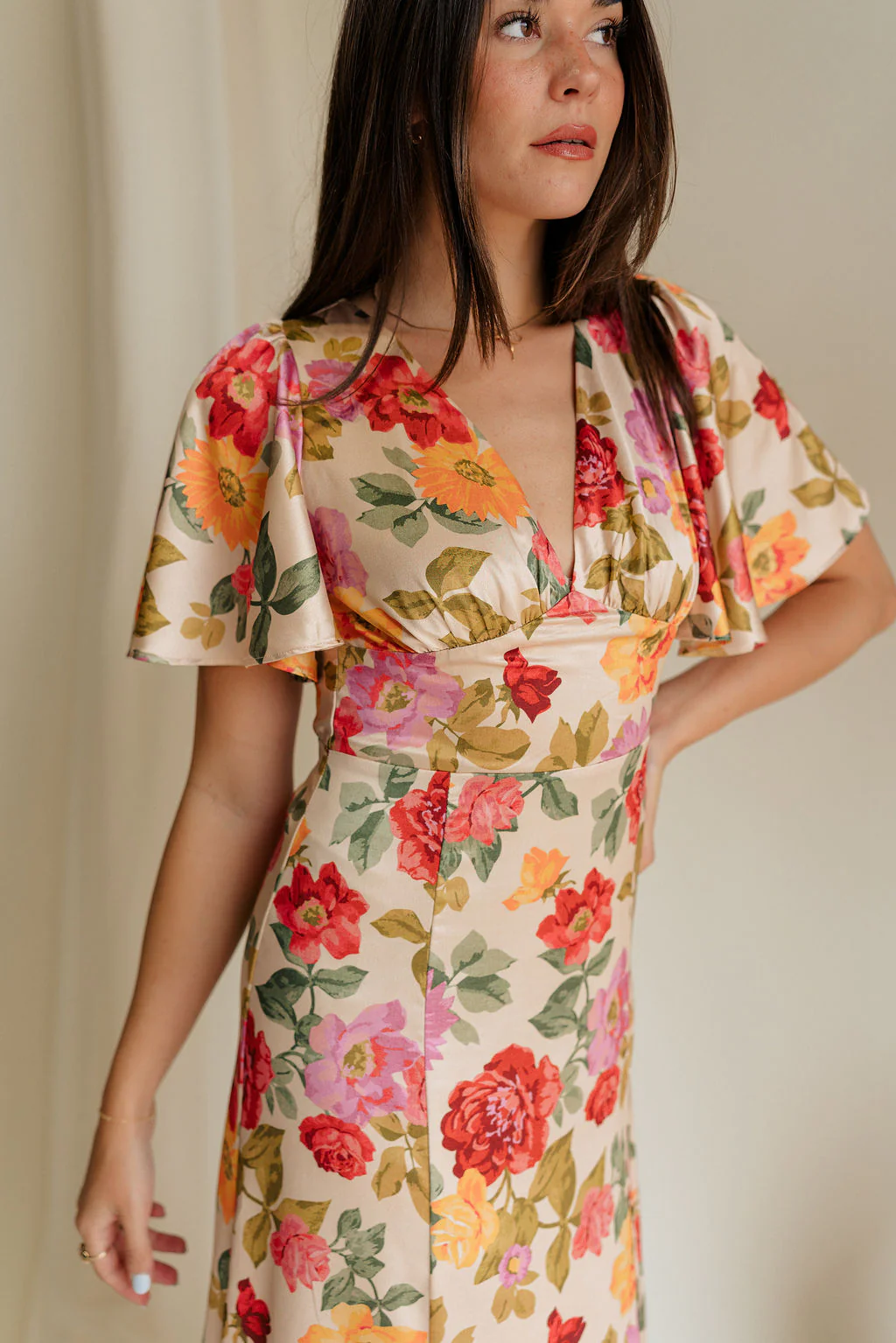 Kai Multi Floral & Taupe Satin Midi Dress - Image 2
