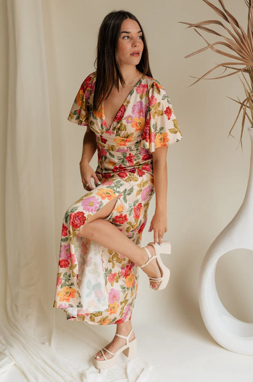 Kai Multi Floral & Taupe Satin Midi Dress - Image 3