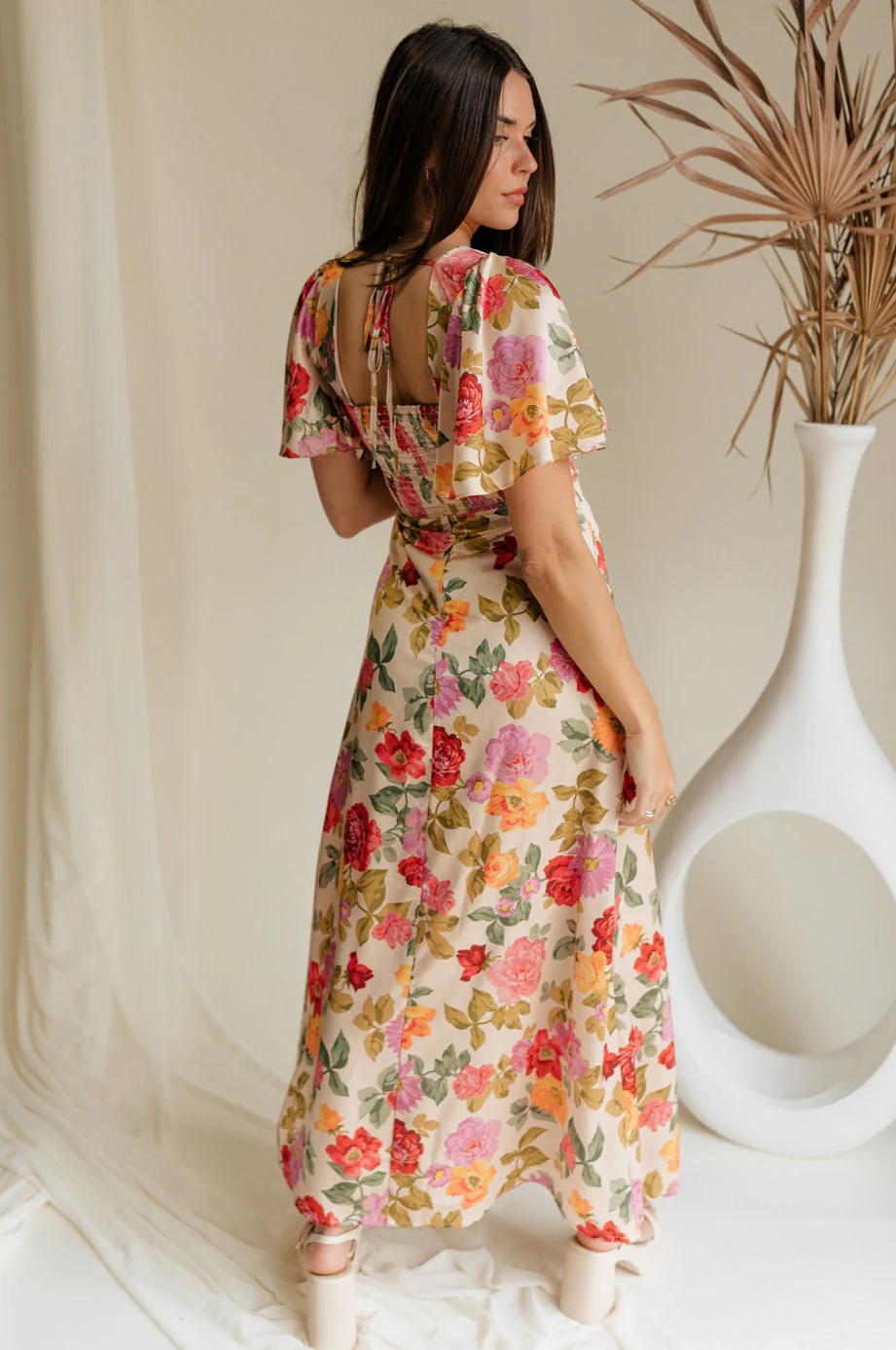 Kai Multi Floral & Taupe Satin Midi Dress - Image 4