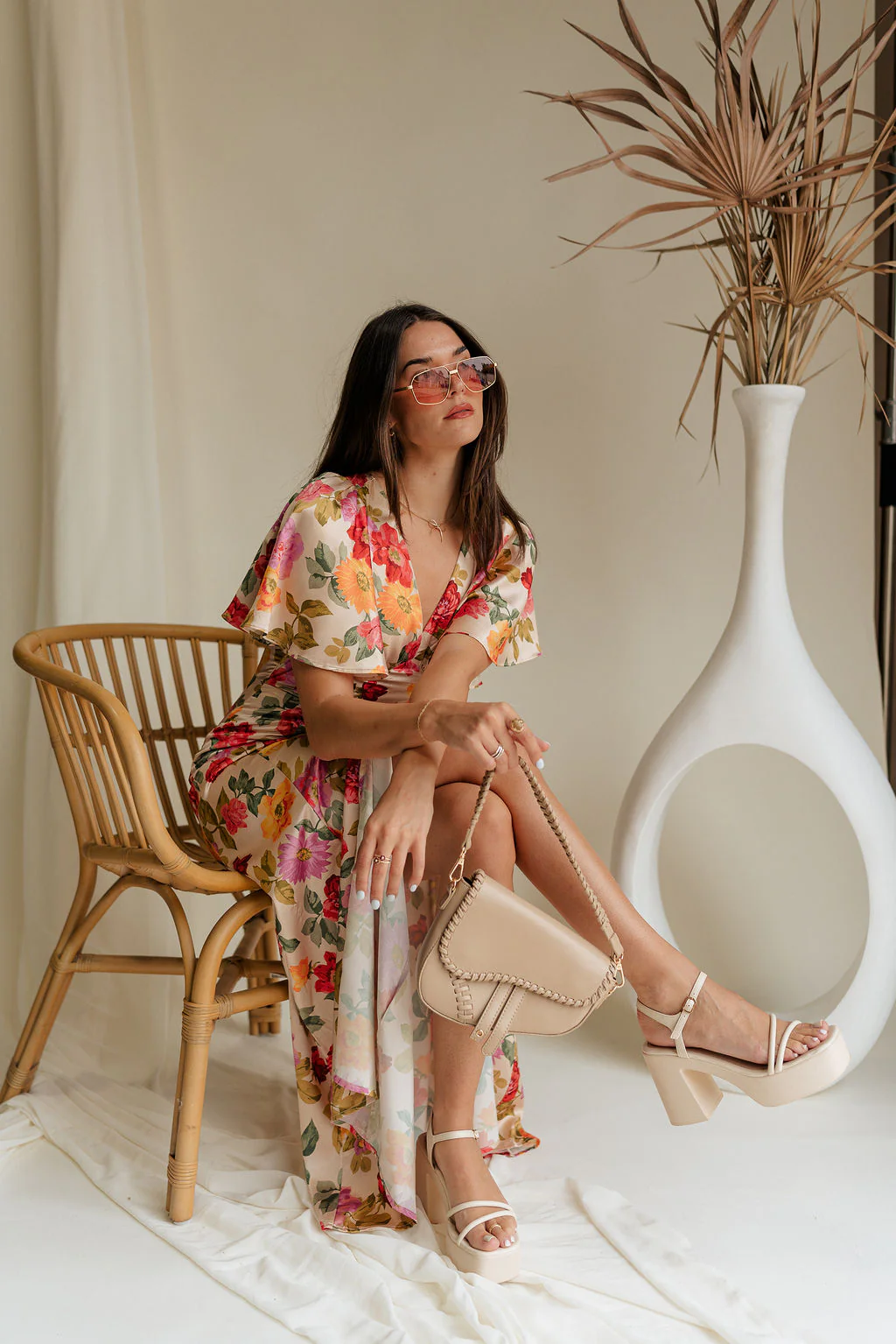 Kai Multi Floral & Taupe Satin Midi Dress - Image 6