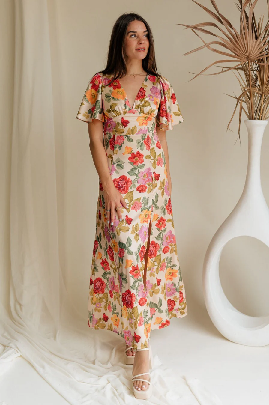 Kai Multi Floral & Taupe Satin Midi Dress - Image 7
