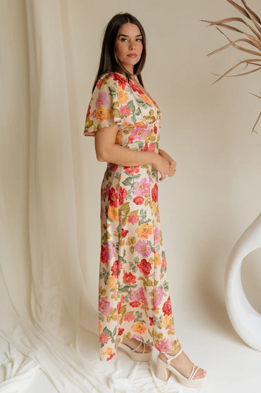 Kai Multi Floral & Taupe Satin Midi Dress - Image 9