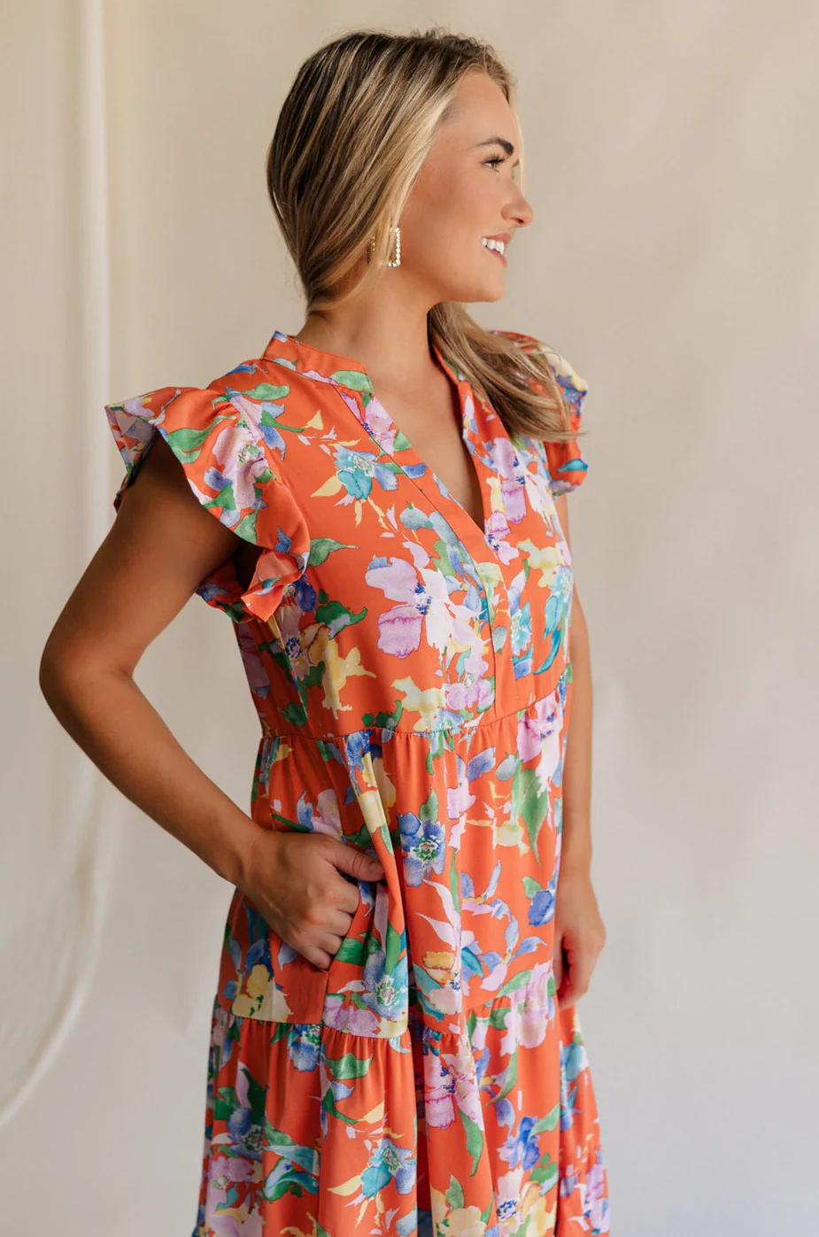 Kai Orange Multi Floral Midi Ruffle Dress - Image 4