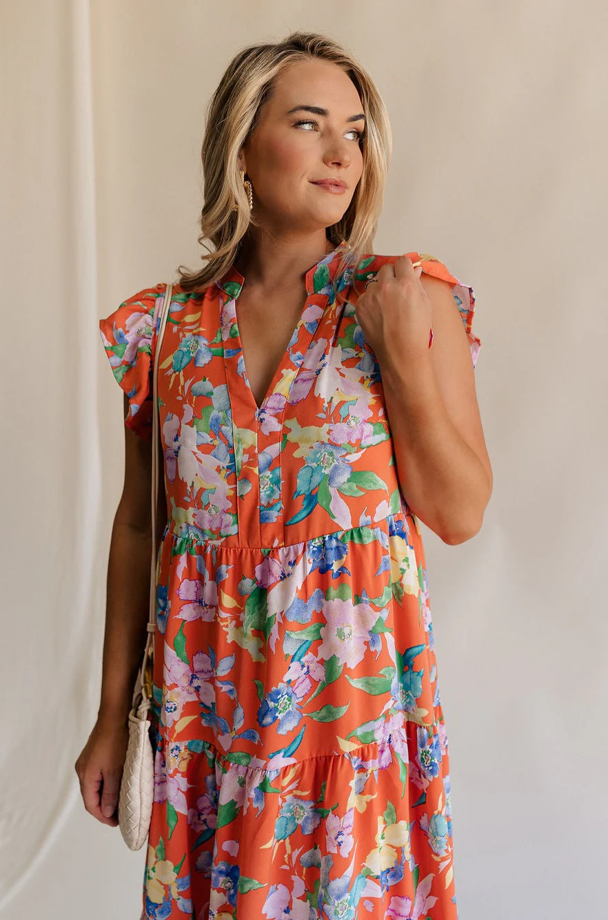 Kai Orange Multi Floral Midi Ruffle Dress - Image 7