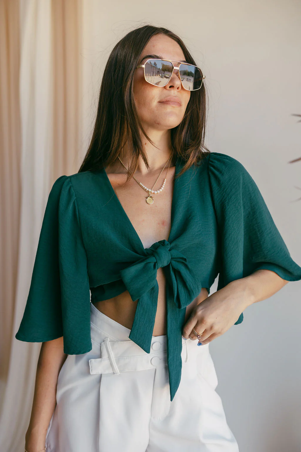 Kaia Hunter Green Tie Top