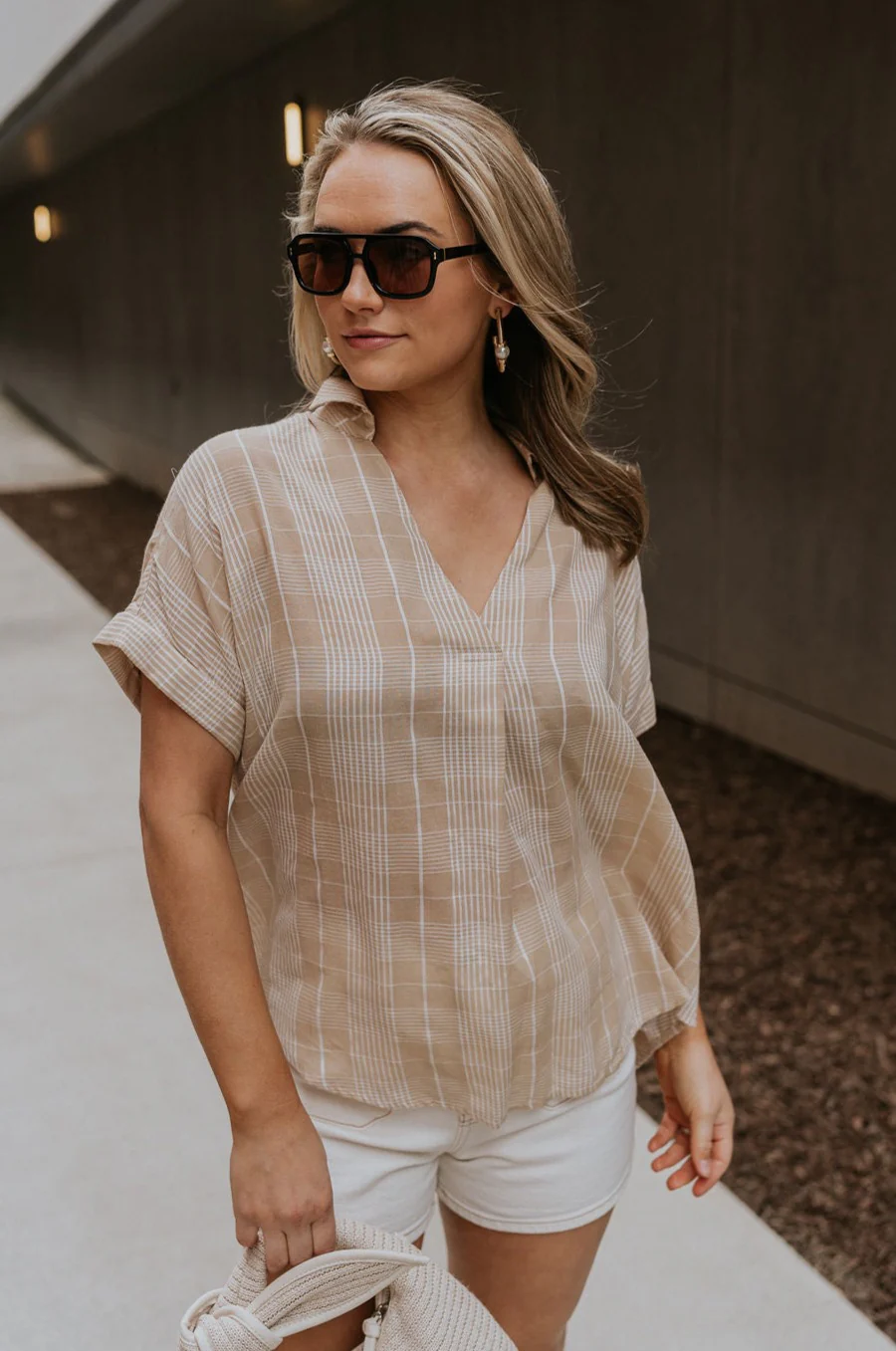 Kali Light Beige Plaid Short Sleeve Top