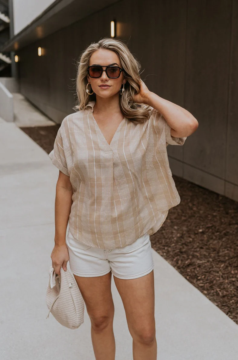 Kali Light Beige Plaid Short Sleeve Top - Image 6