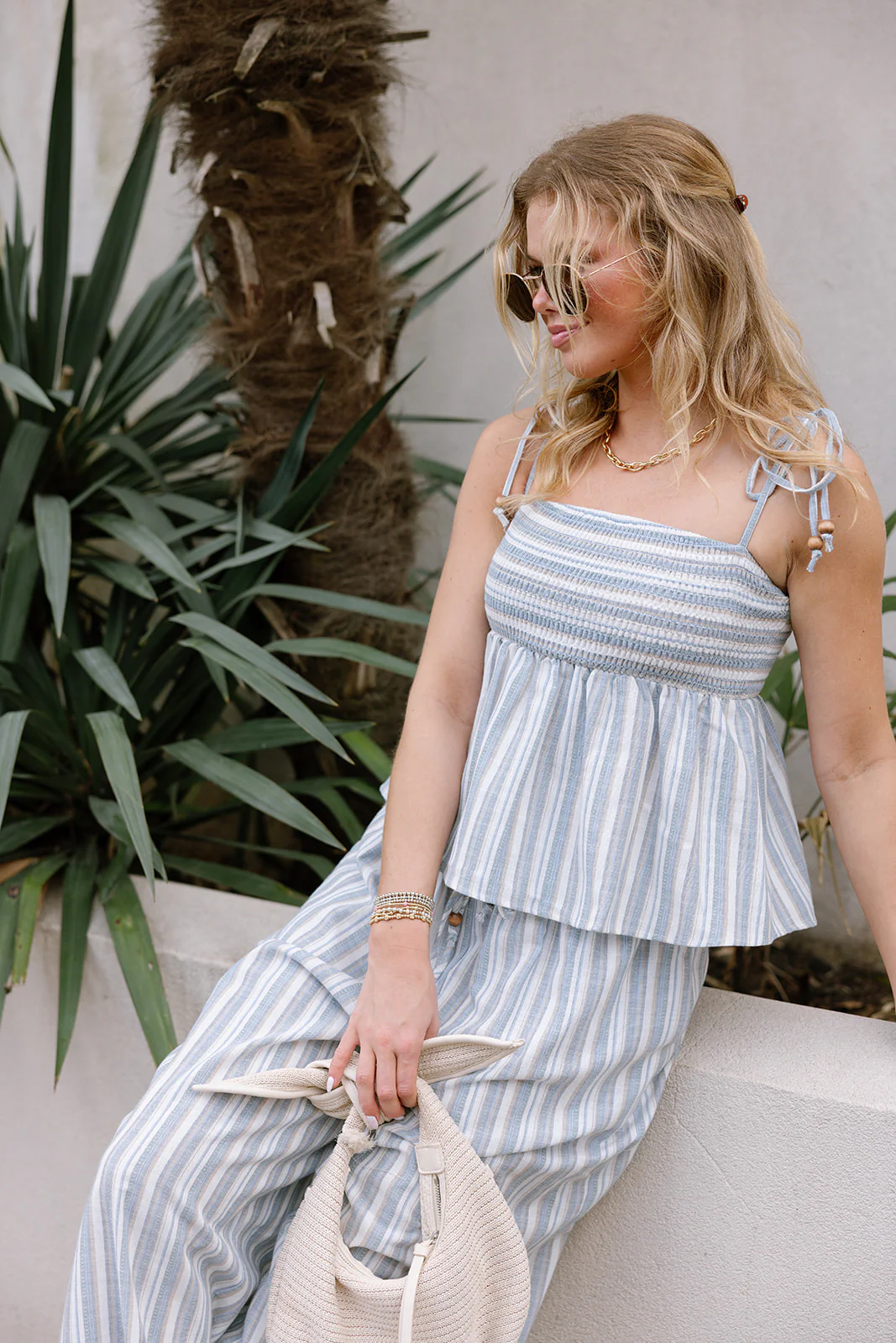 Kalie Blue & Ivory Stripe Smocked Tank