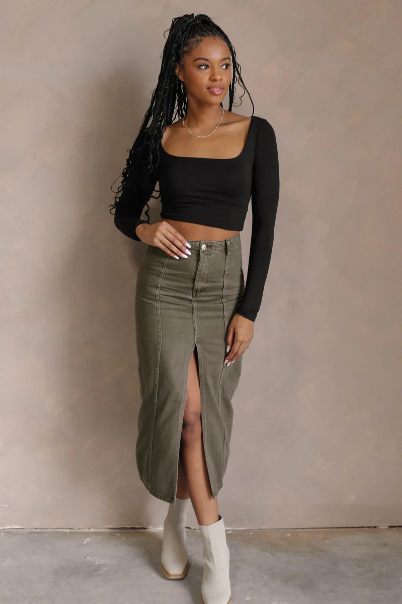 Kara Olive Denim Front Slit Midi Skirt
