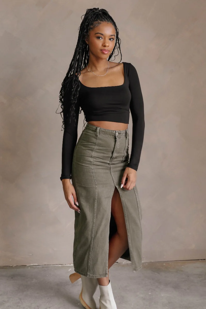 Kara Olive Denim Front Slit Midi Skirt - Image 2