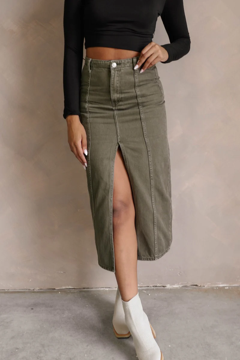 Kara Olive Denim Front Slit Midi Skirt - Image 3