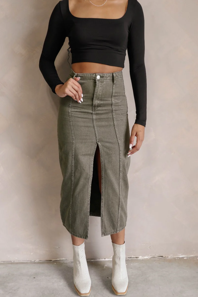 Kara Olive Denim Front Slit Midi Skirt - Image 4
