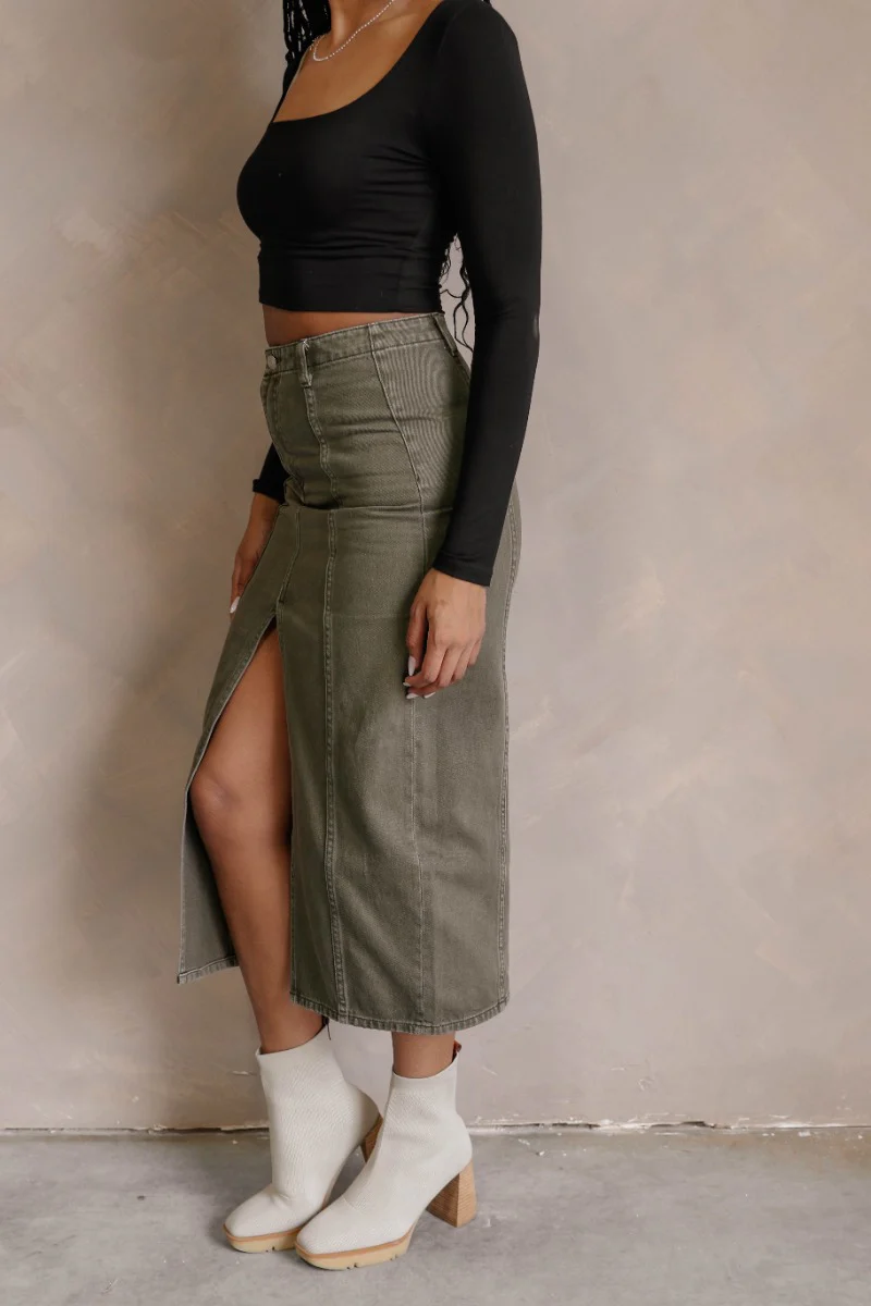 Kara Olive Denim Front Slit Midi Skirt - Image 5