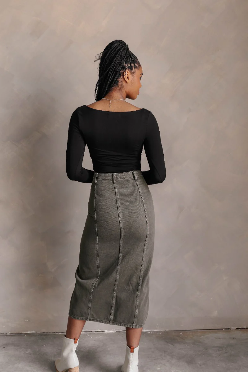 Kara Olive Denim Front Slit Midi Skirt - Image 6